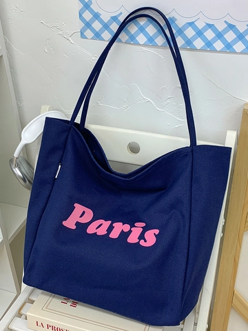 Bolso Tote de Lona de Gran Capacidad para Mujer Moda Letra Paris Estampado Bolso de Hombro Verano Casual Bolso de Mano Compras Viaje