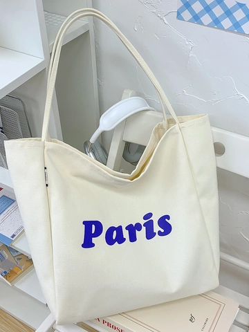 Bolso Tote de Lona de Gran Capacidad para Mujer Moda Letra Paris Estampado Bolso de Hombro Verano Casual Bolso de Mano Compras Viaje