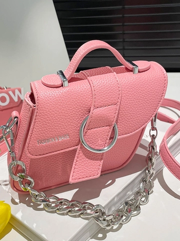 Bolso de Hombro Cuadrado de Cuero PU con Textura de Guijarro para Mujer Con Aro de Metal Plateado y Correa de Cadena