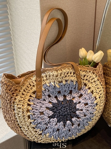 Handgeweven Stro Schoudertas Voor Dames Contrastkleur Grote Capaciteit Strand Tote Bag Zomer Vakantie Casual Mode Handtas Hobo Tas