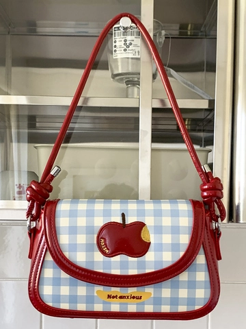 Borsa a Spalla da Donna Coreana a Quadretti con Ricamo a Mela in Pelle PU Borsa a Sella Minimalista Urbana