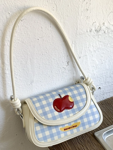 Borsa a Spalla da Donna Coreana a Quadretti con Ricamo a Mela in Pelle PU Borsa a Sella Minimalista Urbana