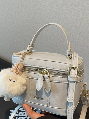 2025 Fashion PU Leather Small Square Box Bag For Women Stylish Urban Minimalist Handheld Shoulder Bag With Furry Pendant