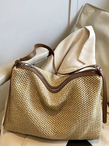 Damen Große Kapazität Stroh Gewebte Tragetasche Sommer Mode Schultertasche Kunstleder Besatz Reißverschluss Lässig Hobo Handtasche