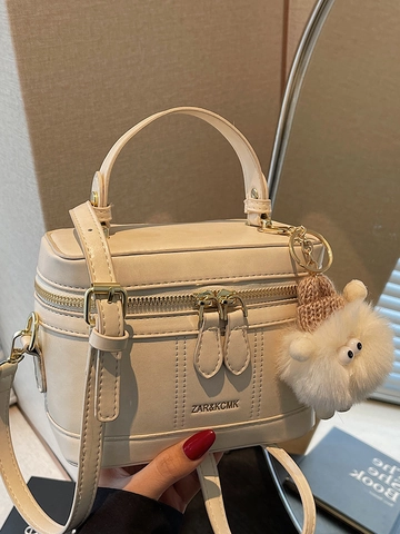 2025 Fashion PU Leather Small Square Box Bag For Women Stylish Urban Minimalist Handheld Shoulder Bag With Furry Pendant