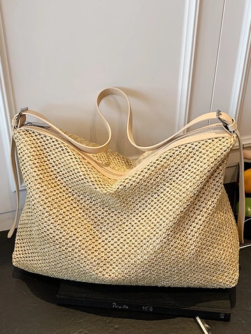 Damen Große Kapazität Stroh Gewebte Tragetasche Sommer Mode Schultertasche Kunstleder Besatz Reißverschluss Lässig Hobo Handtasche