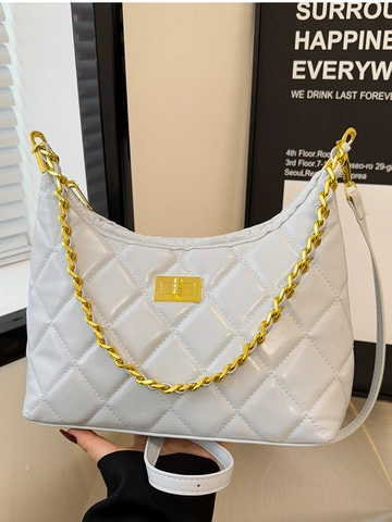 Bolso de Hombro de Cuero PU con Acolchado de Rombos para Mujer Correa de Cadena Dorada Cierre de Giro Bolso Hobo para Diario