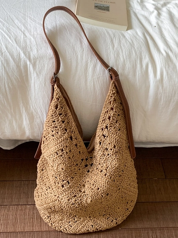 Borsa a Tracolla da Donna Coreana ai Ferri all'Uncinetto con Fiori Boho Tote Bag da Spiaggia con Tracolla in Pelle