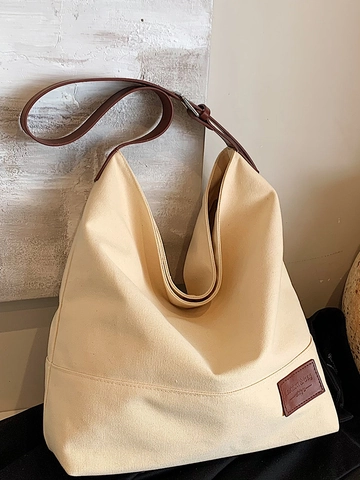 Sac Fourre-Tout en Toile pour Femmes Grande Capacité Sac à Épaule Minimaliste Décontracté Sac à Main Urbain Avec Patch en Cuir