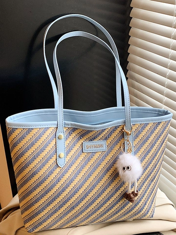 Damen Große Kapazität Gewebt Streifen Einkaufstasche Retro PU Leder Schultertasche Mit Plüsch Monster Anhänger Casual Urlaub Handtasche