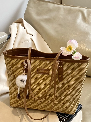Damen Große Kapazität Gewebt Streifen Einkaufstasche Retro PU Leder Schultertasche Mit Plüsch Monster Anhänger Casual Urlaub Handtasche