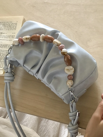 Bolso de Hombro de Estilo Coreano Fruncido Con Colgante de Corazón Para Mujer Cuero PU Color Sólido Cadena de Cuentas de Mármol