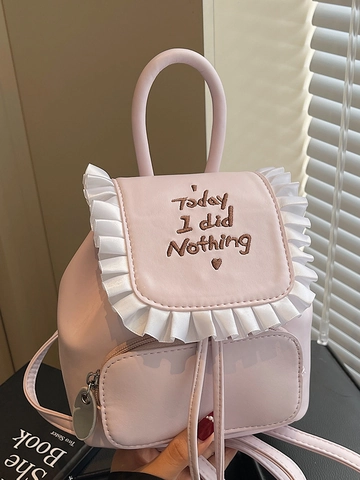 Mini Mochila de Cuero PU para Mujer Con Borde de Volantes y Bordado de Letras Today I Did Nothing Mochila de Viaje