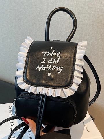 Mini Mochila de Cuero PU para Mujer Con Borde de Volantes y Bordado de Letras Today I Did Nothing Mochila de Viaje