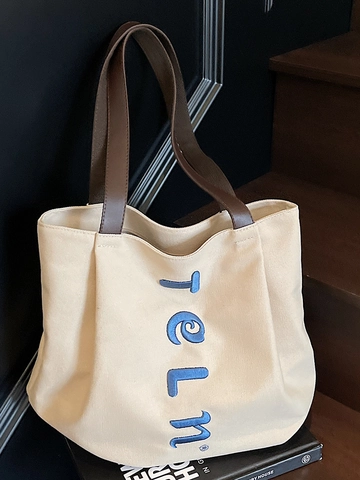 Borsa Tote in Tela a Grande Capacità da Donna Borsa a Tracolla Casual Con Ricamo a Lettere Minimalista Pendolare Estate