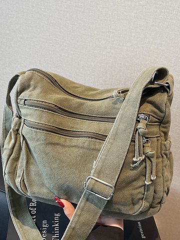 Damen Vintage Canvas Umhängetasche Mehrfachtaschen Große Kapazität Crossbody Bag Lässige Tote Bag Mit Verstellbarem Riemen