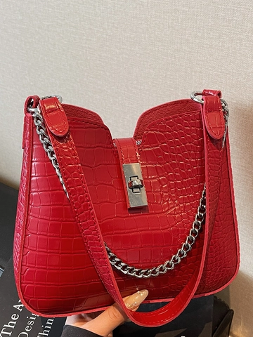 Vintage Krokodilmuster PU Umhängetasche Für Damen Mode Silber Kette Achseltasche Elegante Tägliche Pendeln Umhängetasche Handtasche