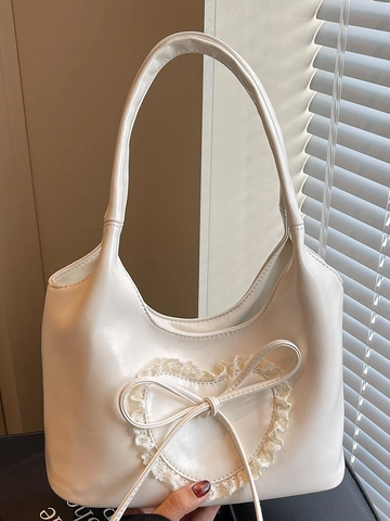 Bolso de Hombro de Cuero PU para Mujer Corazón de Encaje Dulce Bolso Tote Vintage con Lazo Bolso Casual Elegante para Diario Viaje