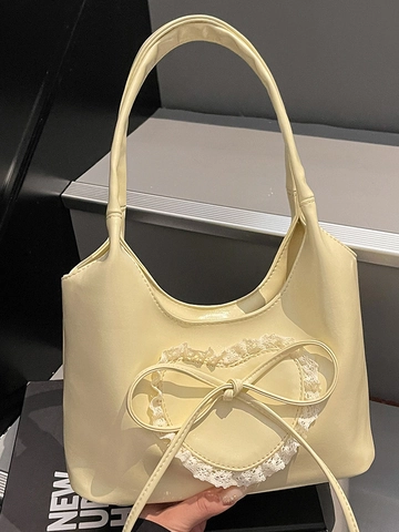Bolso de Hombro de Cuero PU para Mujer Corazón de Encaje Dulce Bolso Tote Vintage con Lazo Bolso Casual Elegante para Diario Viaje