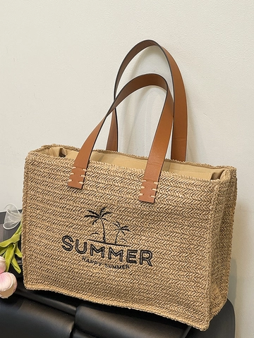 Dames Zomer Geweven Tote Bag Letter Palmboom Borduurwerk Grote Capaciteit Strand Schoudertas Met PU Leren Handvat