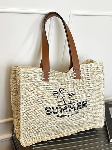 Dames Zomer Geweven Tote Bag Letter Palmboom Borduurwerk Grote Capaciteit Strand Schoudertas Met PU Leren Handvat