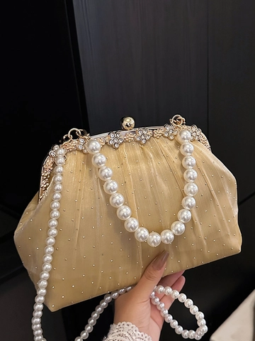 Borsa da Sera Vintage in Mesh a Pieghe da Donna Tracolla a Catena di Perle Chiusura Strass Pochette per Matrimonio Festa