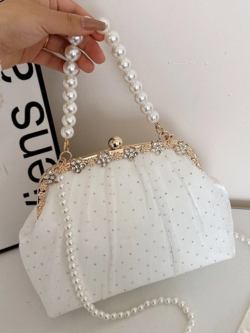 Borsa da Sera Vintage in Mesh a Pieghe da Donna Tracolla a Catena di Perle Chiusura Strass Pochette per Matrimonio Festa