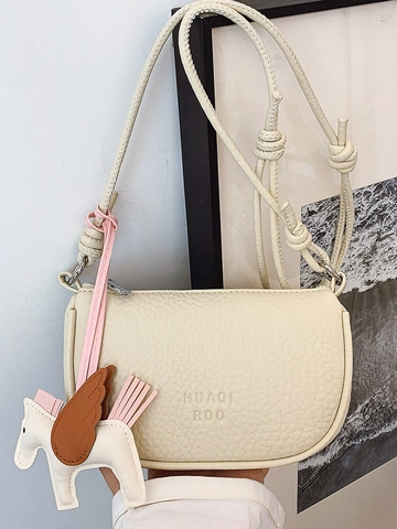 Sac à Bandoulière de Mode pour Femmes en Cuir PU Texture Galet Petit Sac Bandoulière Avec Pendentif Cheval Sac à Main Carré Décontracté
