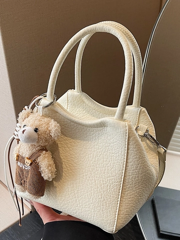 Vrouwen Stedelijk Minimalistisch PU Leer Bucket Bag Koreaanse Mode Litchi Textuur Schoudertas Met Pluche Beer Charm Handtas