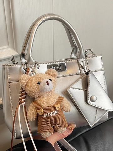 Women Fashion PU Leather Shoulder Bag Solid Color Tote Handbag With Plush Bear Pendant Metallic Crossbody Bag For Everyday