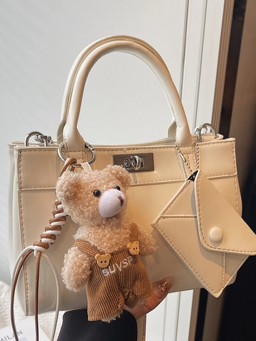Women Fashion PU Leather Shoulder Bag Solid Color Tote Handbag With Plush Bear Pendant Metallic Crossbody Bag For Everyday