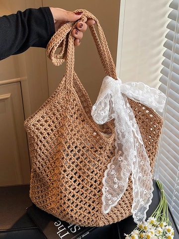 Bolso Tote Tejido de Gran Capacidad para Mujer Verano Bolso de Hombro de Crochet Calado Lazo de Encaje para Vacaciones
