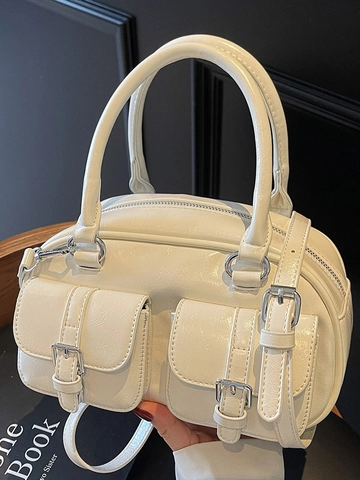 Bolso Bowling de Cuero PU Elegante para Mujer Con Bolsillos Delanteros Bolso Bandolera de Moda Vintage Bolso de Mano Color Sólido