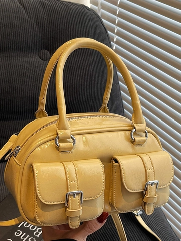 Bolso Bowling de Cuero PU Elegante para Mujer Con Bolsillos Delanteros Bolso Bandolera de Moda Vintage Bolso de Mano Color Sólido