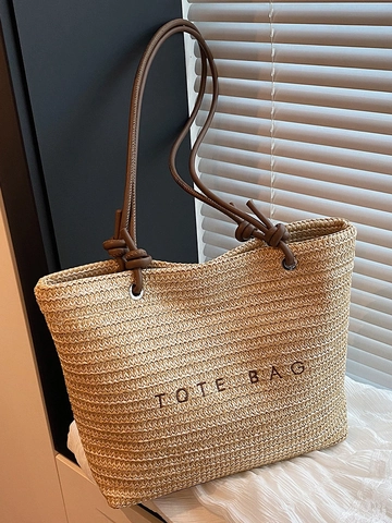 Sac Fourre-tout en Paille Grande Capacité pour Femmes Sac à Bandoulière Tissé Plage avec Imprimé Lettres Décontracté