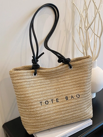 Sac Fourre-tout en Paille Grande Capacité pour Femmes Sac à Bandoulière Tissé Plage avec Imprimé Lettres Décontracté