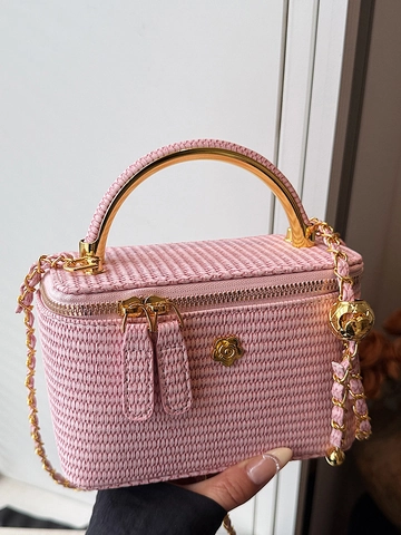 Vintage Gewebte Quadratische Umhängetasche Für Damen Metallgriff Rhombenkette Crossbody Tasche Stilvolle Box Handtasche Sommer Mode