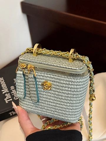Vintage Gewebte Quadratische Umhängetasche Für Damen Metallgriff Rhombenkette Crossbody Tasche Stilvolle Box Handtasche Sommer Mode