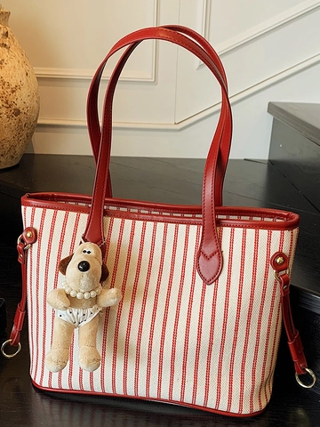 Striped PU Canvas Large Tote Bag For Women Minimalist Shoulder Handbag With Cute Plush Dog Pendant For Daily Casual Use
