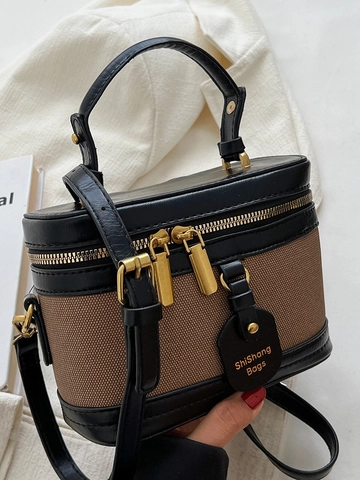 Bolso Caja Retro para Mujer Color en Contraste Bolso Bandolera de Nicho Lona Cuero PU Patchwork Bolso de Mano Tendencia de Verano Bolso Cuadrado Portátil