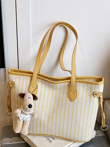 Striped PU Canvas Large Tote Bag For Women Minimalist Shoulder Handbag With Cute Plush Dog Pendant For Daily Casual Use