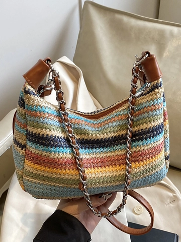 Damen Casual Mehrfarbig Gestreift Gewebt Hobo Tasche PU Leder Spleiß Schultertasche Mit Metallkette Sommer Urlaub Tasche