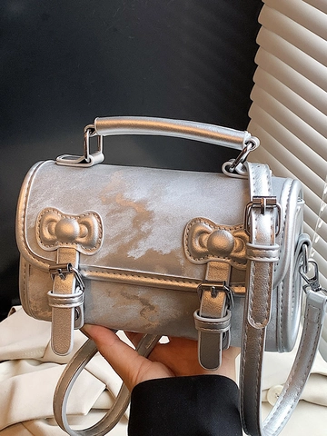 Elegant Women PU Leather Shoulder Bag Korean Fashion Small Crossbody Handbag With Bow Decoration Retro Urban Minimalist Bag
