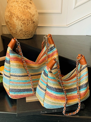 Damen Casual Mehrfarbig Gestreift Gewebt Hobo Tasche PU Leder Spleiß Schultertasche Mit Metallkette Sommer Urlaub Tasche