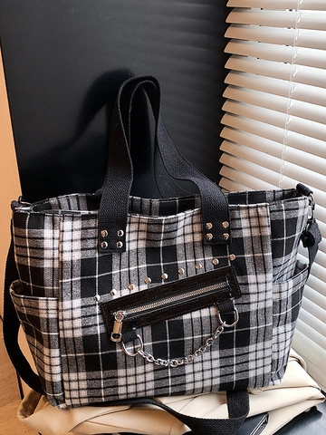 Damen Canvas Tragetasche Mit Karomuster Gothic Punk Schultertasche Mit Nieten Und Metallkette Große Kapazität Lässige Handtasche