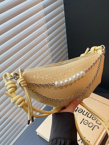 Damen Gewebte PU Leder Hobo Tasche Perlenkette Schultertasche Geknoteter Riemen Künstliche Perle Crossbody Beuteltasche