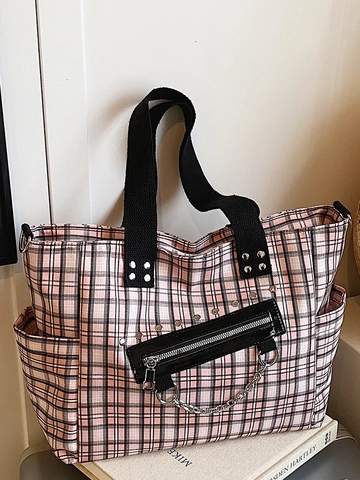 Damen Canvas Tragetasche Mit Karomuster Gothic Punk Schultertasche Mit Nieten Und Metallkette Große Kapazität Lässige Handtasche