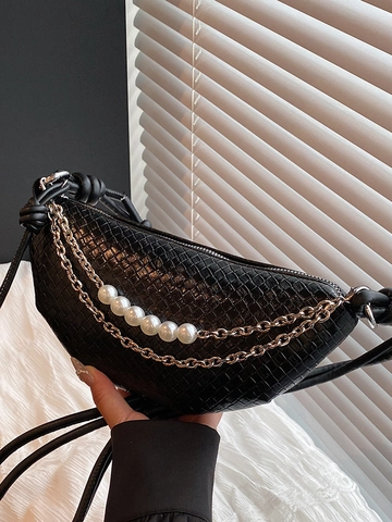 Damen Gewebte PU Leder Hobo Tasche Perlenkette Schultertasche Geknoteter Riemen Künstliche Perle Crossbody Beuteltasche