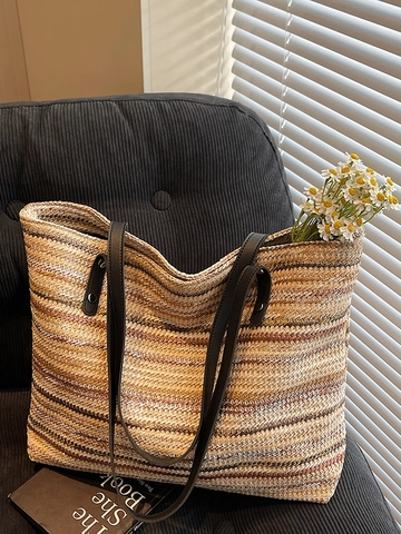 Damen Geräumige Stroh Gewebte Tragetasche Horizontale Streifen Muster Strand Schultertasche Mit PU Griff Sommer Urlaub Handtasche