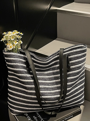 Damen Geräumige Stroh Gewebte Tragetasche Horizontale Streifen Muster Strand Schultertasche Mit PU Griff Sommer Urlaub Handtasche
